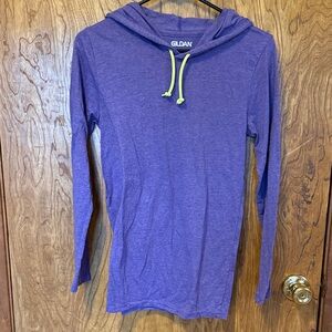 EUC Gildan Purple Hooded Long Sleeve Top with Neon Yellow Drawstrings Women’s S